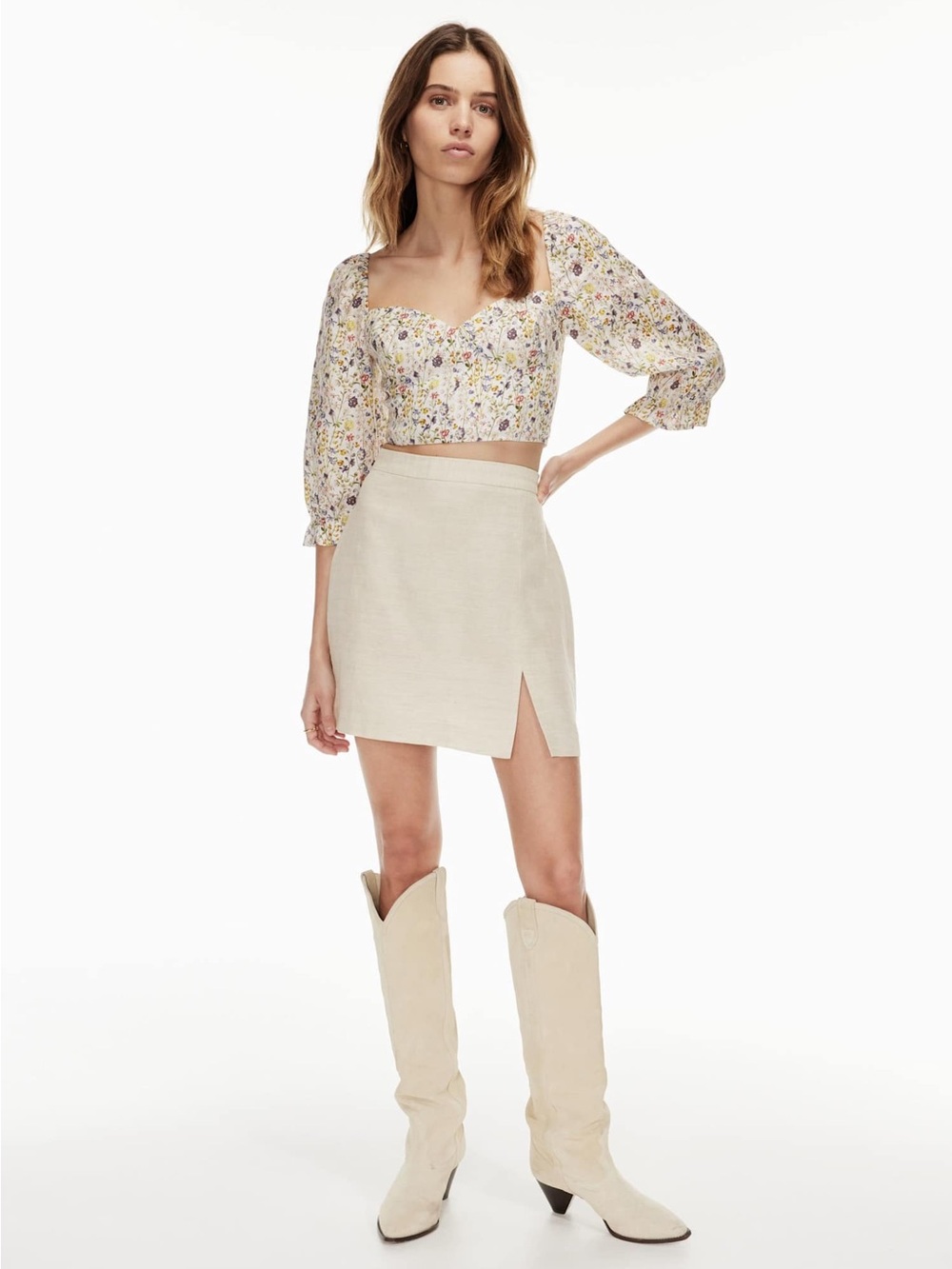 Aritzia Wilfred Patio Beige Linen blend Mini Skirt with small Front Slit 6 S